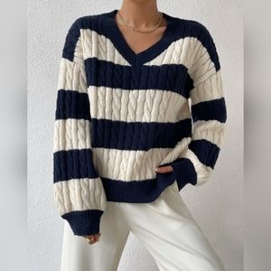 NEW Chic Oversized Cable Knit Striped Sweater Top Navy Blue Off White